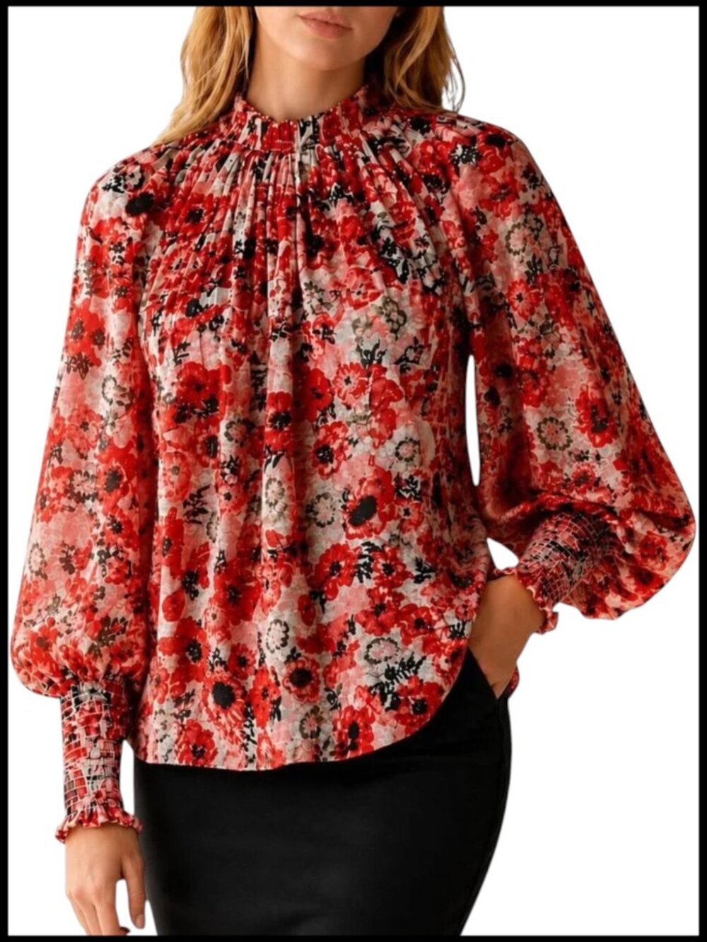 Chufy Bianca Blouse Red Black Floral Silk Blend Balloon Sleeve M